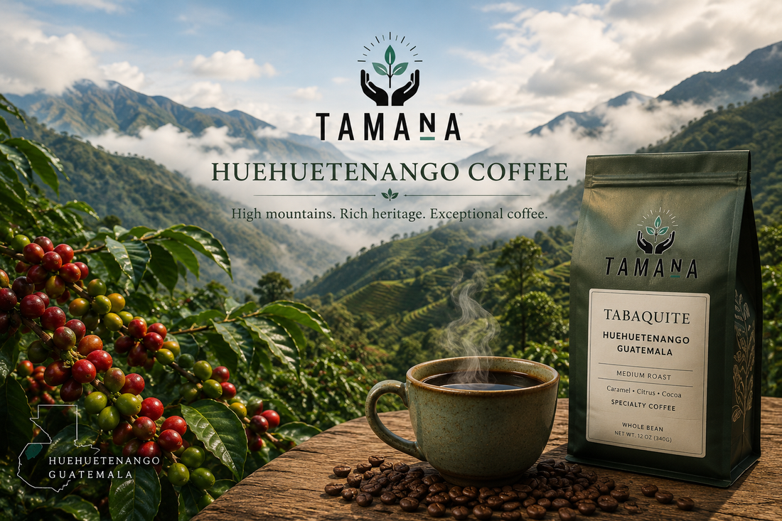 mountainside of huehuetenango guatemala showing ripe coffee berries and representation of a pakage of tamana coffee tabaquite 