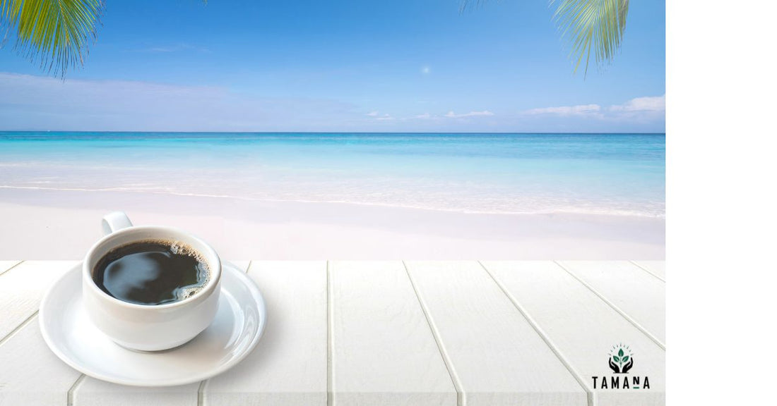 blue sky meeting the blue ocean white sandy beach with a coffee of coffee on a white table