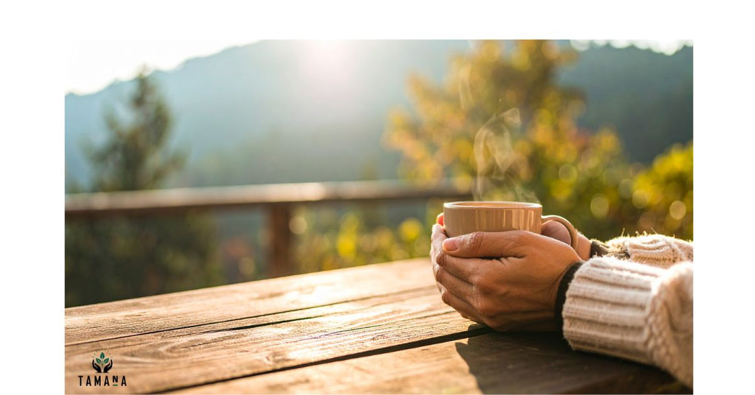  someone hands hug a cup a coffee on a tabletop viewing sunrise over the mounting top