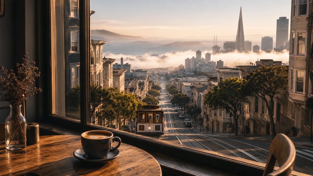 Warm coffee shop interior overlooking a steep San Francisco street with a cable car, morning fog, the Transamerica Pyramid, and Bay Bridge in the distance.