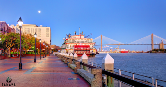 savannah ga with bridge view on the boardwalk and riverboat on the river