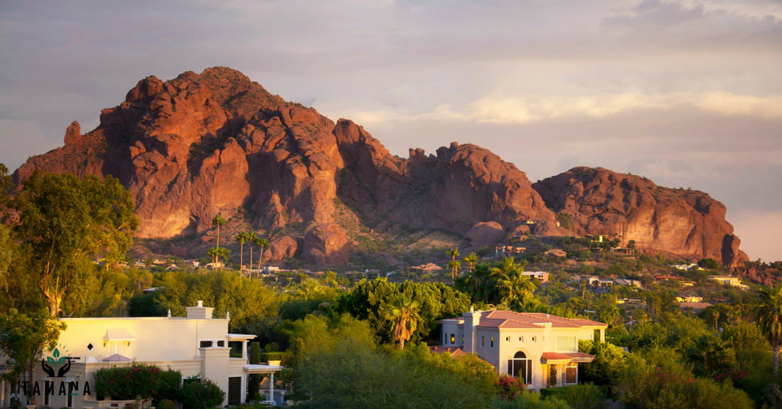 scottsdale mountain as house backdrop in enening light