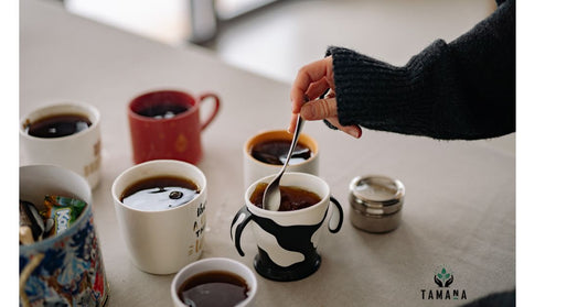 six different style and size of cups with coffee on a table 