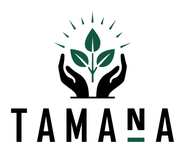 Logo of TAMANA with hands holding leaves on a white background